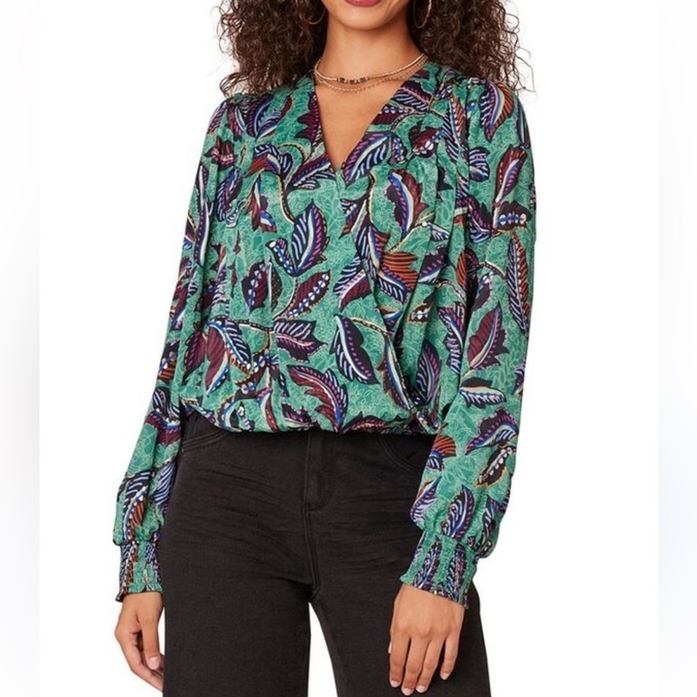 Democracy Leaf Print V-Neck Blouse Metallic Cottagecore Cropped Women's PM - Picture 1 of 12